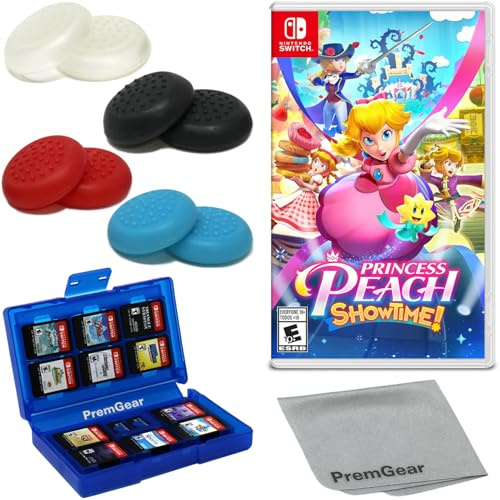 Princess Peach: Showtime! per Nintendo Switch (versione USA), con impugnature per pollice PremGear (confezione da 8 - nero, blu, rosso e trasparente), porta carte da gioco a 24 slot e panno di pulizia