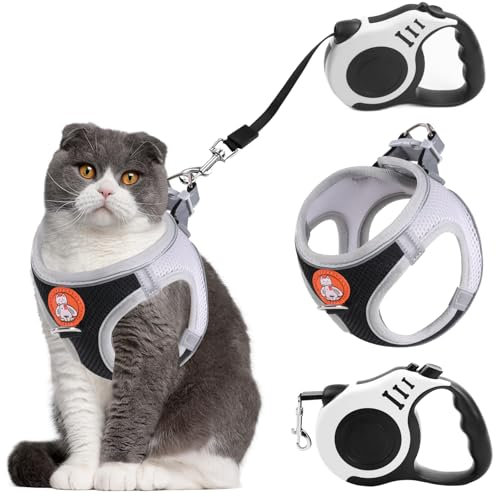 Katzengeschirr mit Leine Ausbruchsicher, Katzenleine mit Geschirr für Katzen, Katzengeschirr Ausbruchsicher für Katze Hunde mit 5 m/16,4 Fuß Katzenleine Verstellbar Katzen Geschirr - L