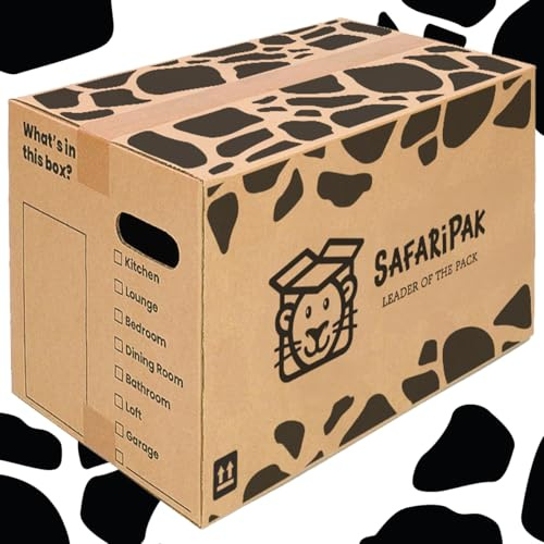 SAFARIPAK - 25 Pack Strong Large Reusable Cardboard Storage Packing Moving House Boxes 52cm x 30cm x 30cm with Carry Handles and Room List Checkboxes - 47 Litres Capacity