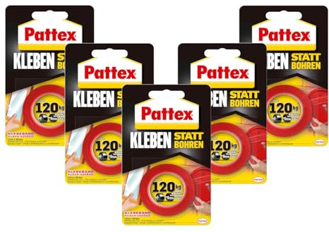 Pattex Klebeband Kleben statt Bohren, Blisterkarte, 5x 1,5m | Doppelseitiges Montageband für feste Befestigung ohne Bohren – für innen & außen