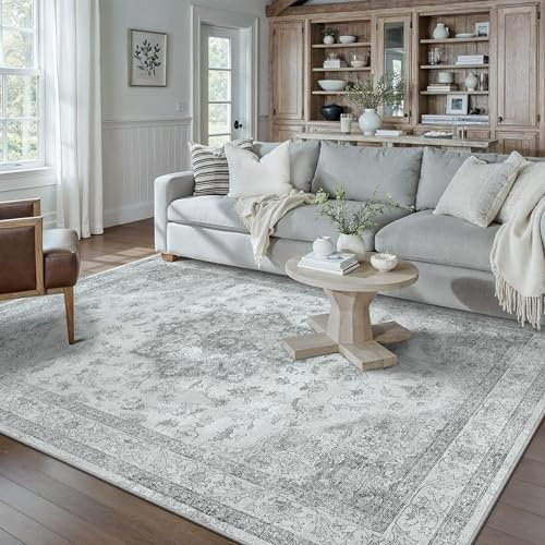 PureCozy Vintage Grauer Teppich Wohnzimmer 160x230cm Schlafzimmer Wohnzimmerteppich Boho Waschbarer Carpet Weich rutschfest Teppiche Esszimmer Büro Kurzflor Groß Tepich