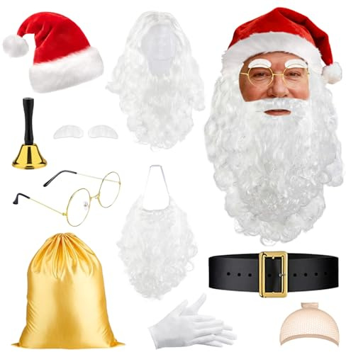 TOYTOPIE Weihnachtsmann Kostüm Komplettset für Erwachsene 10-teilig Mit Bart, Perücke, Hut, Brille, Handschuhe, Geschenkesack, Rassel für Weihnachten, Karneval, Mottoparty