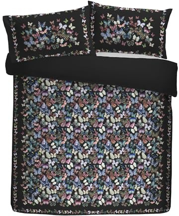 Soiree Papillon Velvet Duvet Cover Set, 100% Recycled Polyester, Super-King 260x220cm, Charcoal, Butterfly Pattern with Border Detail, 2 Pillowcases