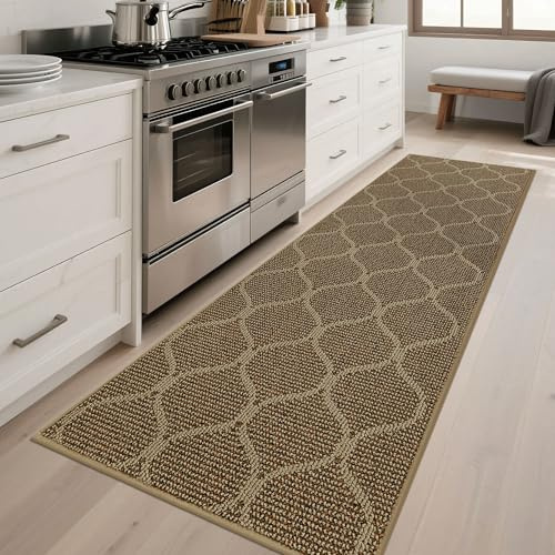COSY HOMEER Küchenteppich rutschfest 60 x 180 cm, Beigebraun | Küchenläufer mit marokkanischem Rautenmuster, rutschfest, waschbar, schmutzabweisend, 100% Polypropylen, für Flur und Eingang