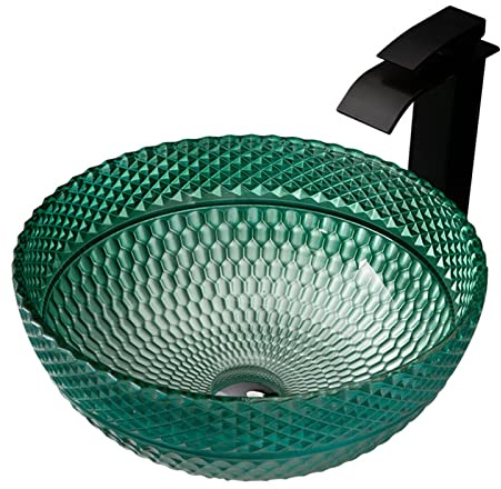 HPTHLY Aufsatzwaschbecken Für Badezimmer, Grün, Aufsatzwaschbecken Aus Gehärtetem Glas, Runde Form, Künstlerisches Aufsatzwaschbecken, Aufsatzwaschbecken Für Badezimm,Sink + Waterfall Faucet