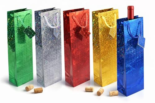 Assorted Holographic Wine Bottle Bags – Luxury Gift Wrap, Shiny Packaging for Birthday, Christmas, Wedding, Party, Mailing & Fancy Carrier Bags (12)