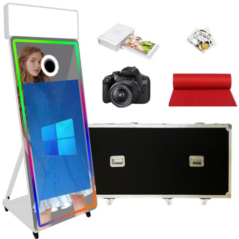 Magic Mirror Photo Booth mit 43 Zoll Touchscreen, tragbare Fotokabine mit LED-RGB-Fülllicht & Flugkoffer für Hochzeiten, Partys, Veranstaltungen, Verleih (Weiß, Fotokabine + Drucker + Kamera)