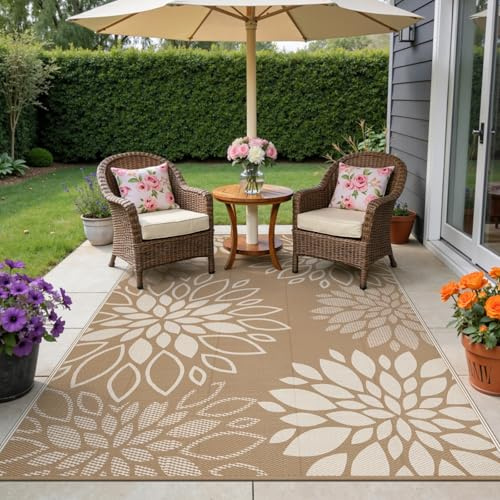 SHACOS Outdoor Teppich Wetterfest, Wendbarer Vorzeltteppich UV-Beständig, Balkon Teppich Leicht Kunststoff, für Camping Wohnmobil Garten Terrassen, Blumen Braun, 180 x 270 cm
