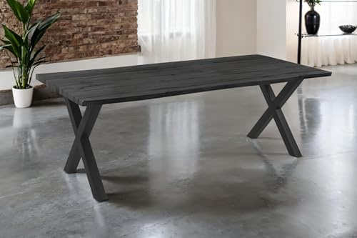 SAM Esstisch Josy | 240 x 100 cm | Holz-Optik in Grau | X-Gestell Metall Schwarz | 40 mm Tischplatte mit Baumkante | Tisch für Esszimmer & Küche