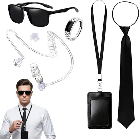 ZYLOUY 5 Stück Men In Black Kostüm Zubehör, Security Kostüm mit Krawatte, Sonnenbrille, Krawatte Hörer, ID Karte und Ring, Agenten Ausrüstung Geheimdienst Kostüms Zubehör für Cosplay Party
