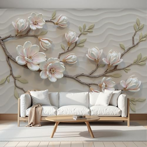Fototapete 3D Effekt Rosa Magnolie Dekoration Wandbild, Relief Zweige Vlies Tapete Personalisierte Größe Wandtapeten - 220g/m2 Fototapete Moderne XL Panorama Wanddeko