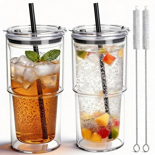 Yisituo Coffee Travel Mug, 2 Pack 480ml Reusable Plastic Cups, Drink Cups with Lids and Straws, Insulated for Hot & Cold Drinks, Car Cup Holder Compatible (2, Black)