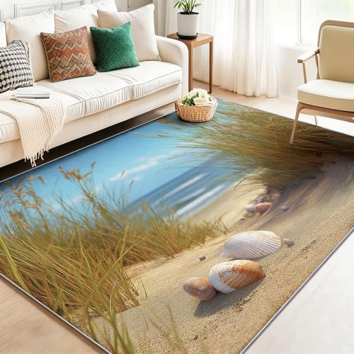 Braunes Blau Teppich 80x150 cm Küste - Strand, Muscheln & Gras Motiv, Waschbar & rutschfest, Weicher Kurzflor für Küche, Schlafzimmer, Esszimmer & Wohnzimmer, Maritimes Urlaubsfeeling