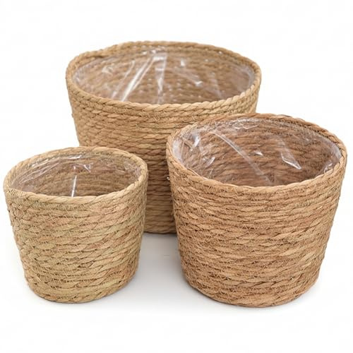Pot de fleurs en osier 3 pièces, panier de plantes en jonc mer tissé à la main avec doublure en plastique pour plantes d'intérieur, rangement décoratif et couverture jardinière pour la maison
