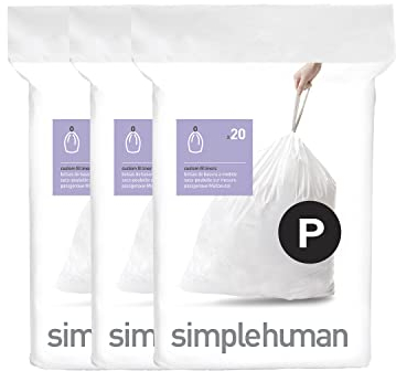 simplehuman CW0263 code P Custom Fit Bin Liner Bulk Pack, White Plastic (3 Pack of 20, Total 60 Liners)