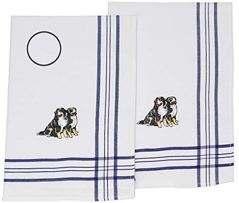 Betz 2er Set Geschirrtücher Geschirrhandtuch Küchenhandtuch Gläsertücher Handtuch Waffelpiqué blau Bestickt Motiv Hunde Größe: 50 x 70 cm