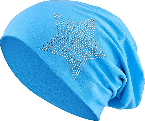 Jersey Baumwolle elastisches Long Slouch Beanie Unisex Herren Damen mit Strass Stern Steinen Mütze Heather in 35 (2) (Turquoise)