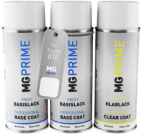 MG PRIME Autolack Spraydosen für Toyota 070 White Pearl Crystal Shine +1K | Novaweiss Perleffekt, Set aus Grundlack + Basislack + Klarlack, Sprühdosen 400ml