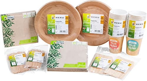 HEKU 210-teiliges Bio-Einweg-Set ‘be Green’, I FSC-Zertifiziert I Deutsche Qualität, 100% biologisch abbaubar, mit Tellern, Besteck, Servietten, Pappbechern I Ideal für Veranstaltungen und Partys