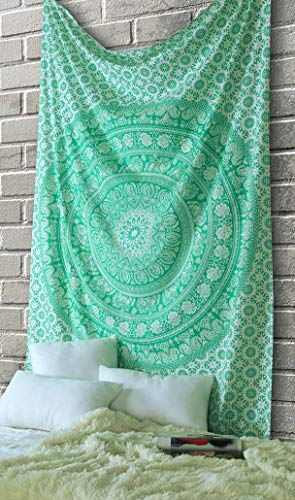 RAJRANG Elefant Mandala Wandteppich - Boho Bohemian Dekor Wandbehang Hippie Wandbehänge Mandala Stoff - 213 x 137 cm - Grün