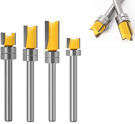 KATSU 6mm Shank Flush Trim Pattern Router Bit Set 4PCs, 3 Blades Woodworking Milling Cutter Top Bearing Trim Pattern Template Router Bit Set 133307