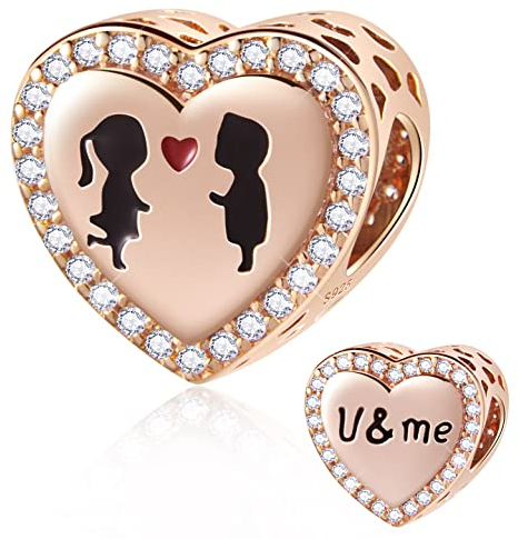 Rose Gold Boy and Girl in Love Heart Charms, fits Pandora Valentines Day Bracelet, 925 Sterling Silver U and Me with CZ Lover Beads, Gifts for Boyfriend/Girlfriend or Wife/Husband
