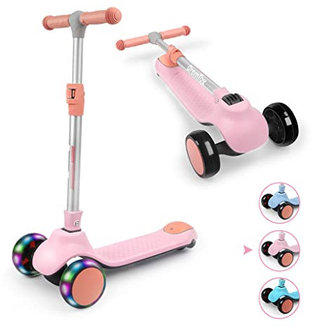 BremToy Trottinette pour Enfants 2-10 Ans, 4 Hauteur Réglable, 3 Roues LED élégantes, Trottinette Pliante, Charge Maximale 50 kg, Cadeau pour Enfants, Rose