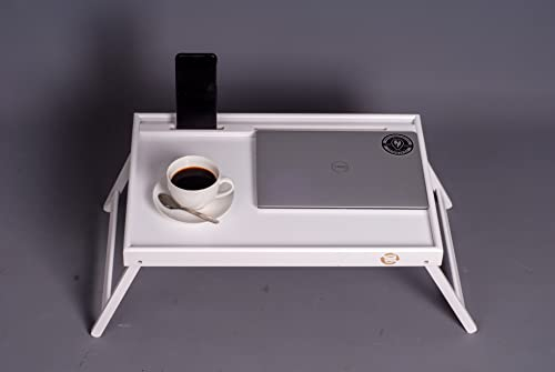 Bamboo Wooden Breakfast Serving Tray Bed Tray Table With Folding Legs | Breakfast Tray for Bed, Eating, Dinner, Sofa, Working, Reading Slot For Phone Tablet Snack Tray Ideal Laptop Desk Table (White)