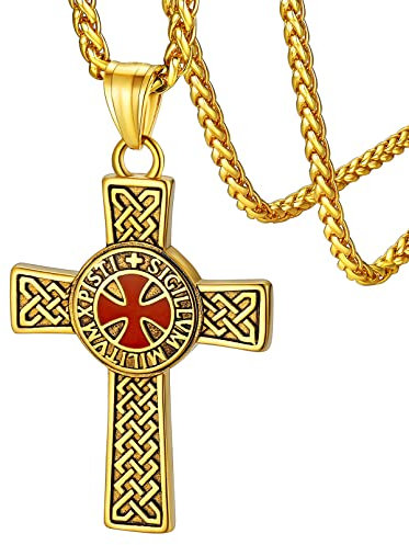 FaithHeart Celtic Cross Necklace Stainless Steel Knights Templar Pendant Soldier Jewelry Gold Plated Talisman Amulet Chain for Women Girls