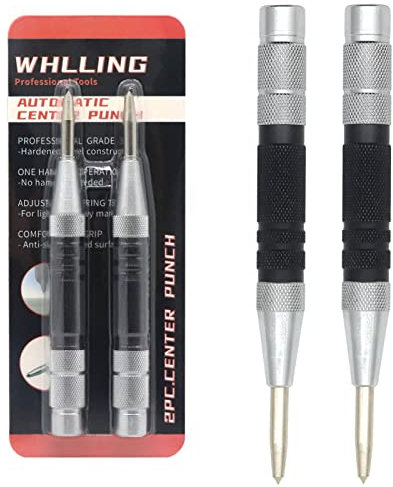 WHLLING 2-Piece Automatic Center Punch, 6 Inch Hardened Steel Spring Loaded Center Hole Punch with Adjustable Knurled Cap for Machinists and Carpenters