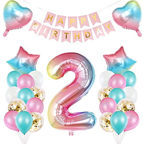 TOPHOPE Luftballon 2. Geburtstag Rosa Folienballon Luftballon Zahlen Geburtstagsdeko Mädchen 2 Jahr Riesen Folienballon Zahl 2 Ballon 2 Deko zum Geburtstag Rosa Happy Birthday Banner