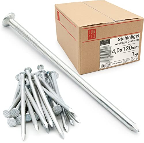 Lun Fix Chiodi in acciaio, 4 x 120 mm, 1 kg, chiodi in legno per lavori di costruzione, chiodi zincati, lunghi 120 mm, spilli per lavori di falegnameria, decorazione domestica, fai da te, artigianato