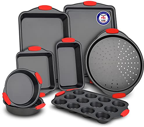 BAKKENMASTER Bakken - Set da forno da cucina, 8 pezzi, rivestimento antiaderente nero interno ed esterno, in acciaio al carbonio, manici in silicone rosso, senza PFOA PFOS e PTFE