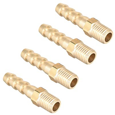 QUARKZMAN M8-1 Außengewinde bis 6mm Stacheln Widerhaken Schlauchanschluss Metrisch Messing x 4Stk Goldton Rohrverbindung Adapter für Schlauchanschluss