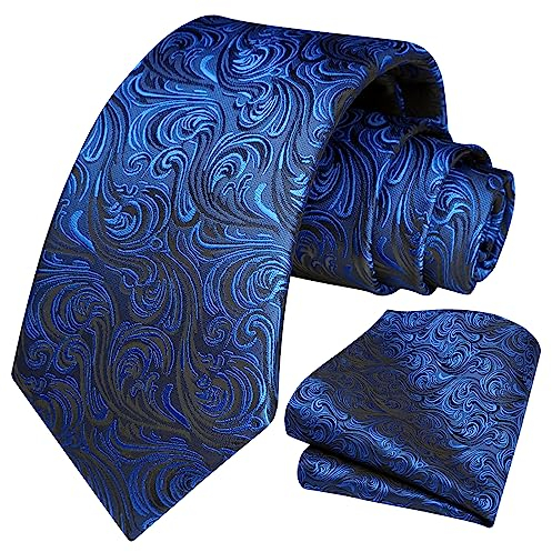 HISDERN Krawatte Herren Paisley Krawatte und Einstecktuch Set Krawatten Royal Blau