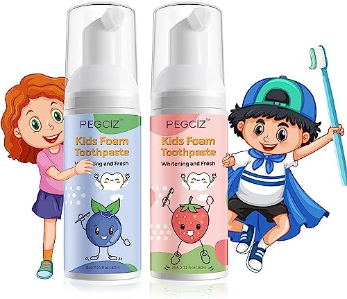 Zahnpasta Schaumzahnpasta für Kinder 2 x 60 ml, Besondere Kariesschutz für Milchzähne, Kinderzahnpasta ohne Fluorid, Zahnaufhellung (Erdbeere+Blaubeere)