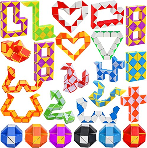 GOLDGE 24 Pièces Serpent Magique avec 24 Blocs, Snake Puzzle Cube, Magie Serpent Twist Puzzle Cube Toy, Jouets Magic Ruler, Mini Magic Snakes Cube pour Adultes et Enfants, Cadeau Anniversaire Enfants