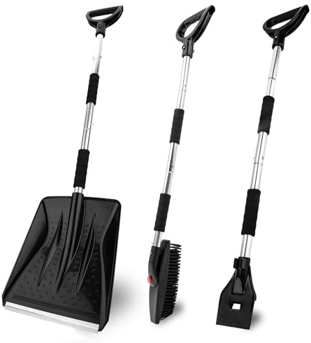 OCGIG 3 in 1 Tragbare Schneeschaufel Kit mit Eiskratzer und Schneebürste, Notfall Faltbares Design Schneeräumer Set für Garten, Camping, Auto, LKW und andere Outdoor-Aktivitäten