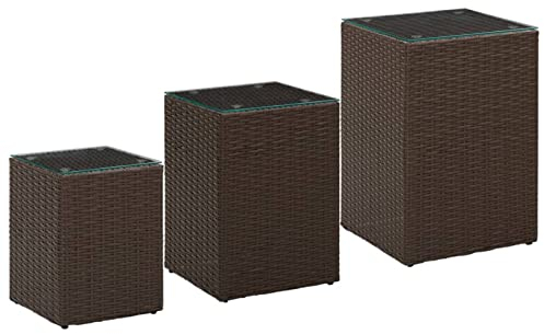 Homgoday Table basse 3 pièces avec plateau en verre marron en polyrotin, table de salon, table de bureau, chambre à coucher, jardin