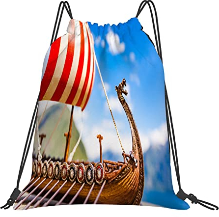 DELURA Rucksack mit Kordelzug,Altes hölzernes Wikinger-Langboot segelt Drakkar-Boot am Fjordufer in Norwegen,Kordelzug-Sackpack für Sport, Yoga, Reisen, Cinch-Tasche mit Reißverschlusstasche
