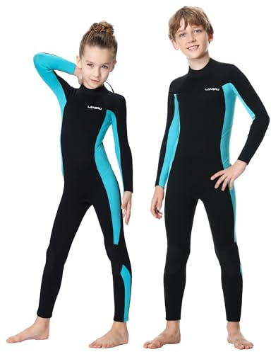 Lansru Costume intero in neoprene per bambini, 3 mm, per ragazzi e ragazze di 6-15 anni, CR-neoprene, protezione UV, chiusura con cerniera sul retro per lezioni di nuoto, ideale per costumi da bagno