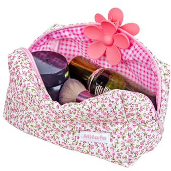 Mifafa Coquette - Borsa organizer per cosmetici, motivo floreale, grande capacità, elegante, trapuntata, per articoli da toeletta da viaggio, rosa, L, Borsa per il trucco floreale