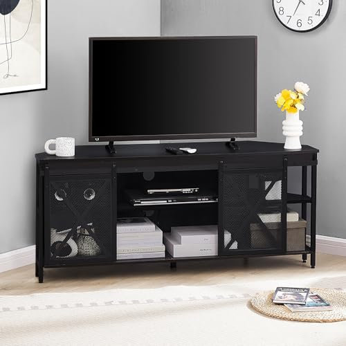 HOMISSUE Corner TV Stand, Rustic Corner TV Stand for 55/60 Inch TV, Industrial TV Stand with Storage, Corner Entertainment Center with Sliding Barn Door, Corner TV Console for Living Room, Black