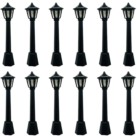 Woohome 12 Stück Laternenpfahl Lampen, Mini Straßenlaterne Modelleisenbahn Zug Laternenpfahl Lichter Außenweg Laterne Post für Mikrolandschaft Puppenhaus Fee Gartenzubehör (8cm, Schwarz)