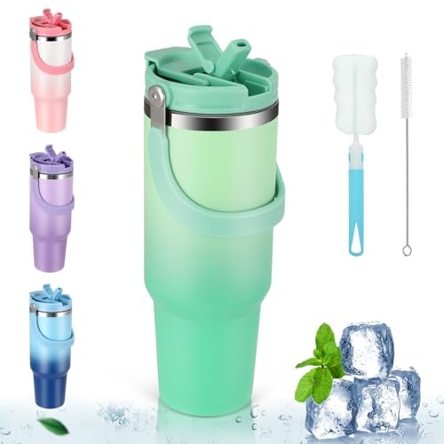 40oz Travel Mug with Straw and Handle, Tumbler with Straw and Lid Double Wall Stainless Steel Leakproof Tumbler Thermal Coffee Cup Leak Proof Insulated Cup for Hot Iced Drink (Green)