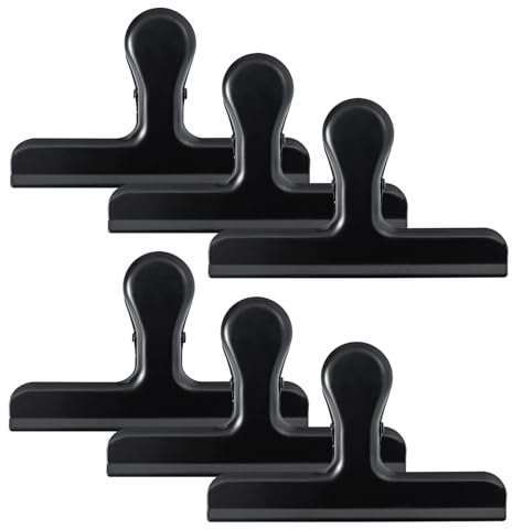 komstuon Lot de 6 grandes pinces à taureau en acier inoxydable noir de 12 cm de long pour sacs alimentaires, dessin, photos, fichiers de bureau et papiers