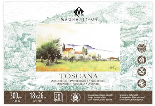 Magnani 1404 Toscana Aquarellpapier, grob, 100 % Baumwolle, 20 Blatt, 15 x 38 cm, 63,5 kg, säurefrei, UV-beständig, getdeckte Kanten, veganes Aquarellpapier für Künstler, hergestellt in Italien