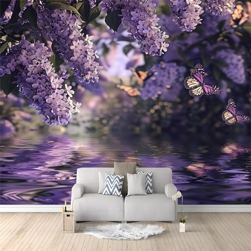 Papier Peint Intissé Fleurs violettes et papillons Décoration Photo Murale 350 x 256 cm Moderne pour Salon Chambre Bureau et Couloir - Peinture Murale en Laine Papier Peint