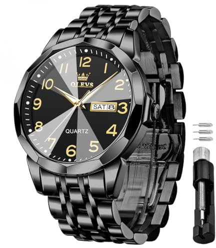 OLEVS Watches for Men Black Stainless Steel Analog Quartz Diamond Business Luxury Dress Waterproof Luminous Date Casual Mens Wrist Watches