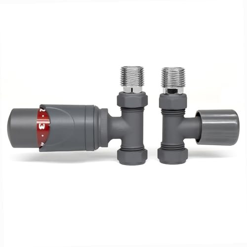 Radiator Thermostatic Valve Adjustable Temperature Control Lock Shield15mm x 1/2 BSP Brass Body Energy Saving Fits Radiators Easy Install (Striaght Grey TRV Lock Shield Valve Set 15mm)